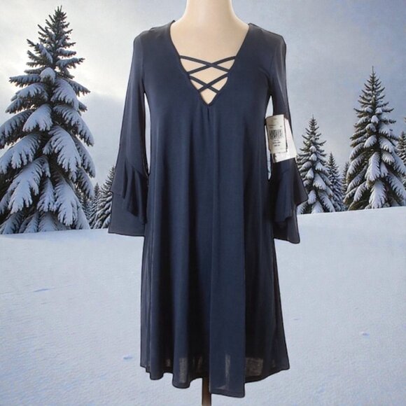 Trixxi Dresses & Skirts - NWT Trixxi Stormy Blue Long Sleeve Criss-Cross A-Line Dress | Size XXS